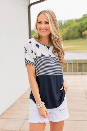 Ringing Freedom Color Block Top- Navy