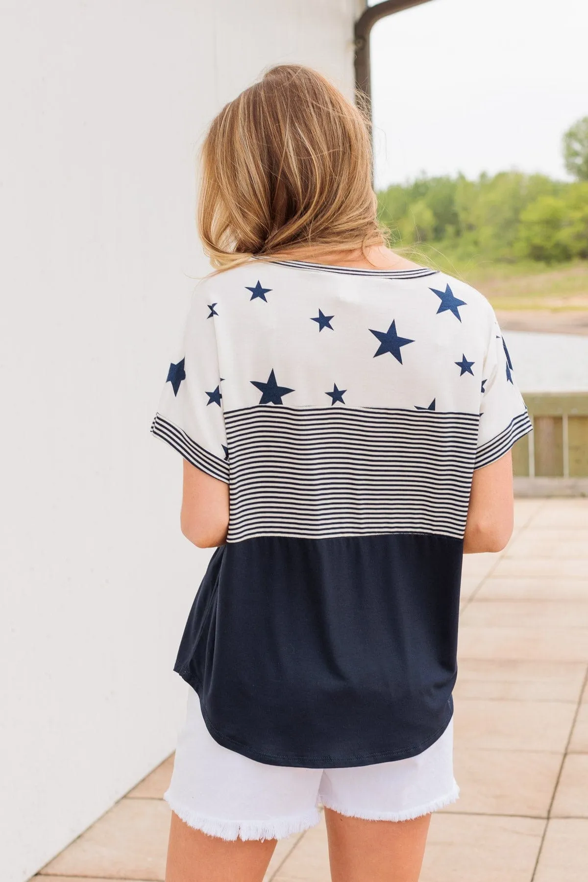 Ringing Freedom Color Block Top- Navy