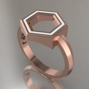 Rose Gold Geometric Hexagon Ring, White Resin Solid 14kt Rose Gold Standard Design