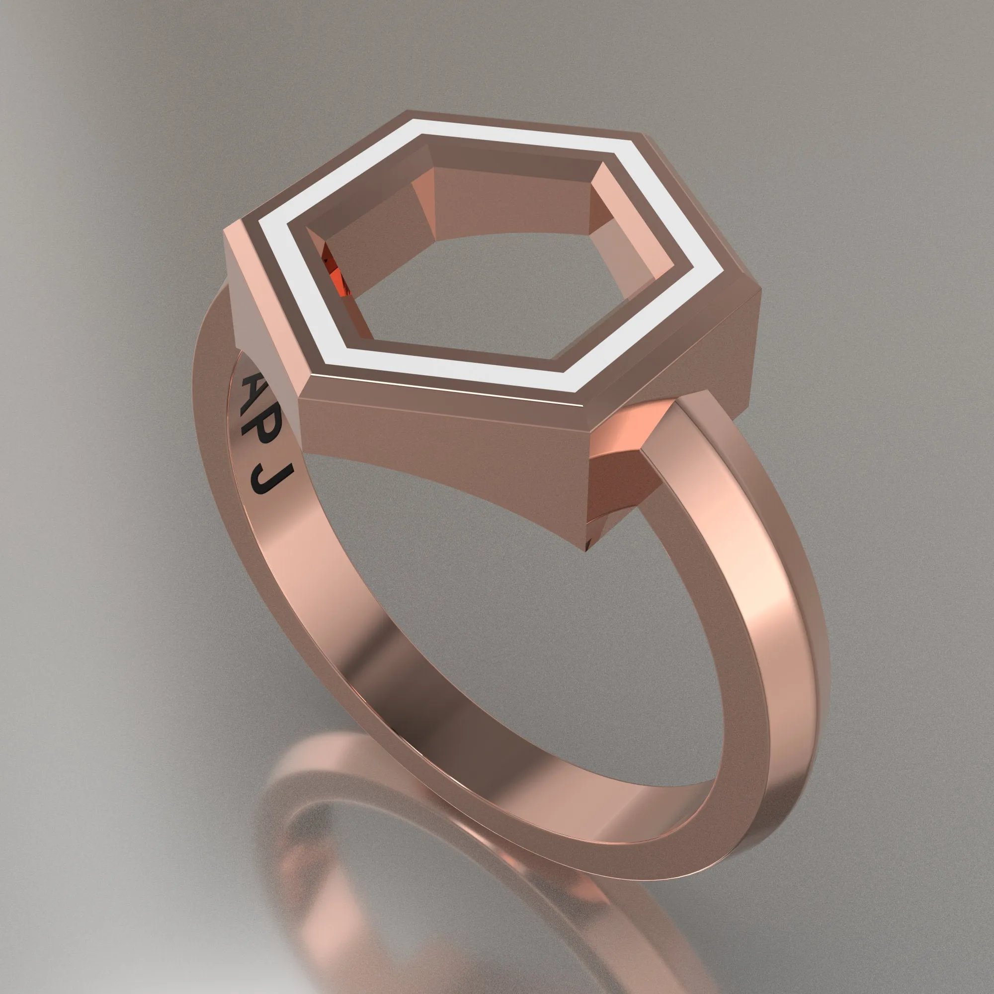 Rose Gold Geometric Hexagon Ring, White Resin Solid 14kt Rose Gold Standard Design
