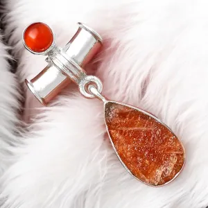 Rough Sunstone & Carnelian Solid 925 Sterling Silver Pendant
