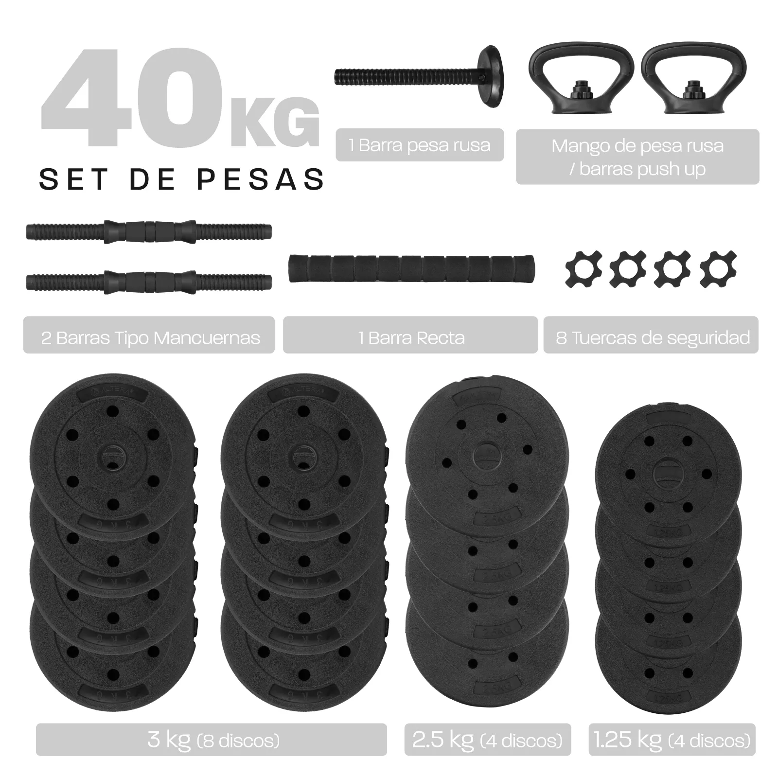 Set De Mancuernas Pesa Rusa Ajustable 40 Kg Altera Ejercicio