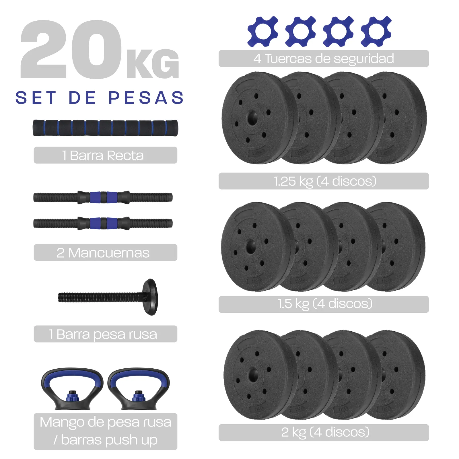 Set Mancuernas Altera Barra Ajustable 20kg Pesa Rusa Discos