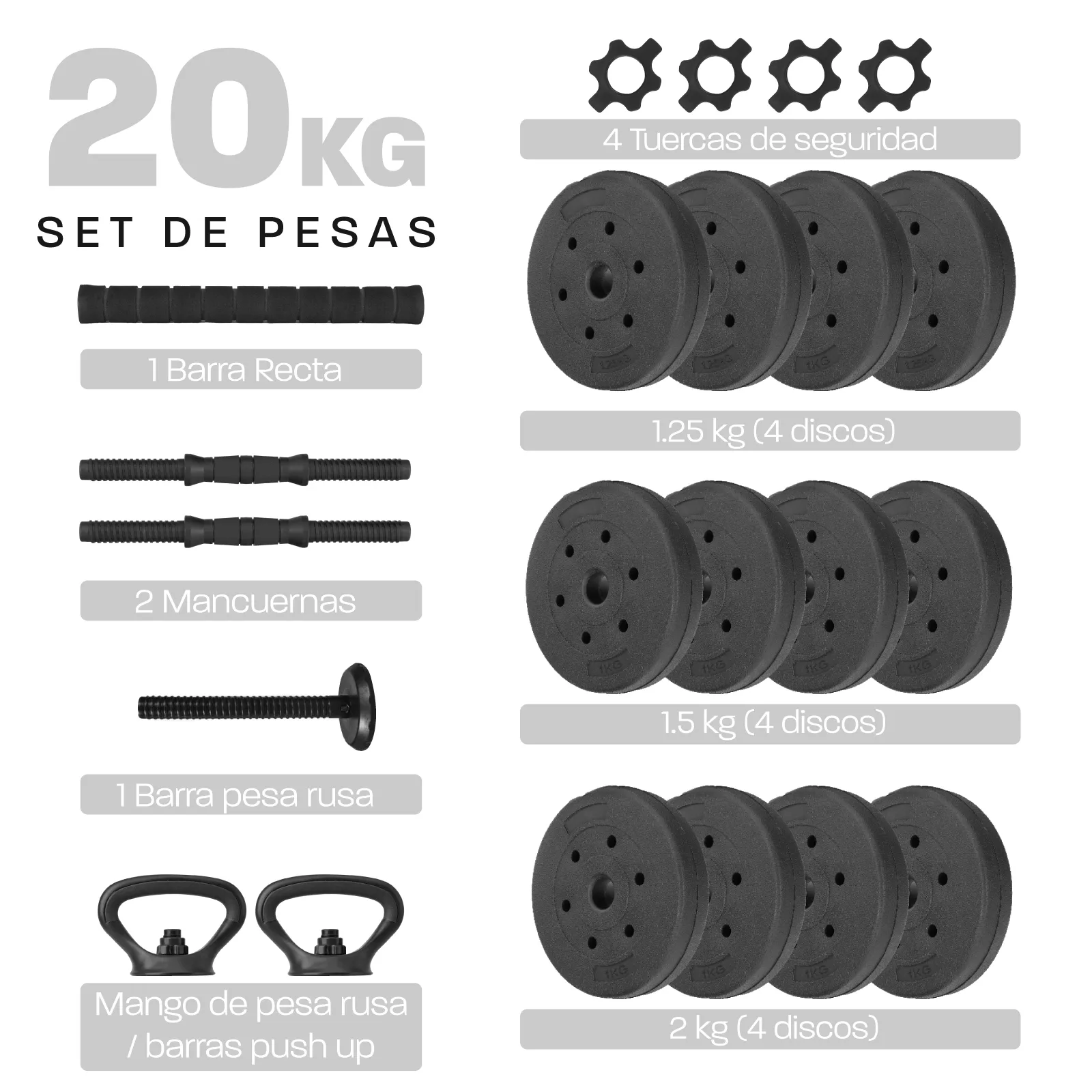 Set Mancuernas Altera Barra Ajustable 20kg Pesa Rusa Discos