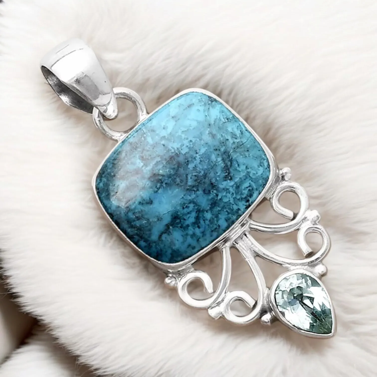 Shattuckite & Blue Topaz Solid 925 Sterling Silver Pendant