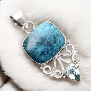 Shattuckite & Blue Topaz Solid 925 Sterling Silver Pendant