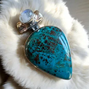 Shattuckite & Rainbow Moonstone Solid 925 Sterling Silver Pendant