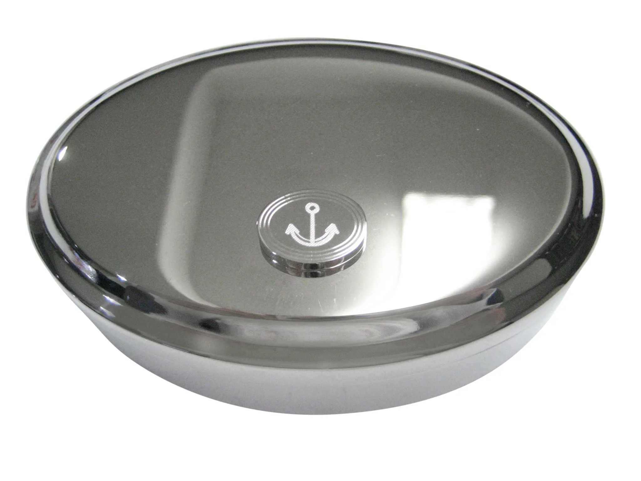 Silver Toned Etched Oval Simple Nautical Anchor Oval Trinket Jewelry Box