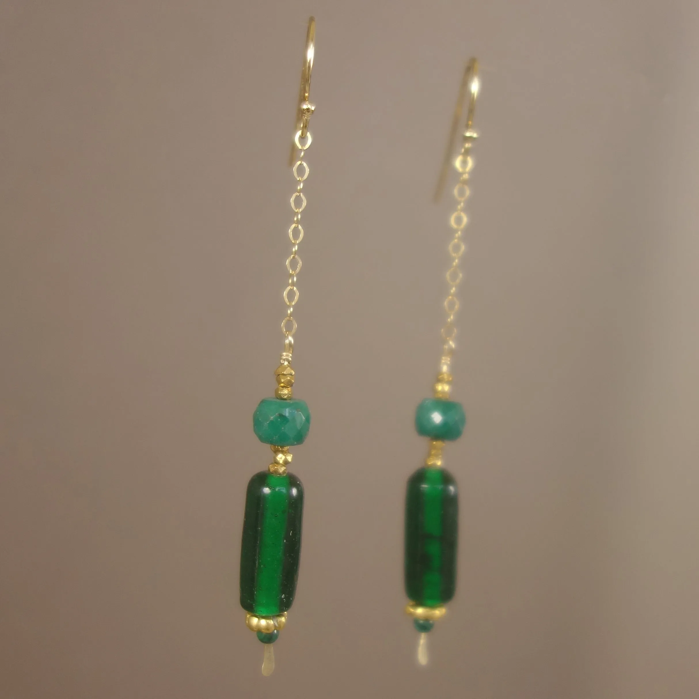 Spring has Sprung: faceted emerald, gold, Greek glass earring