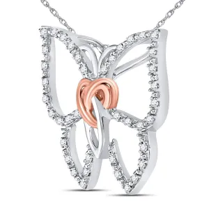 Sterling Silver Womens Round Diamond Butterfly Bug Heart Pendant 1/10 Cttw