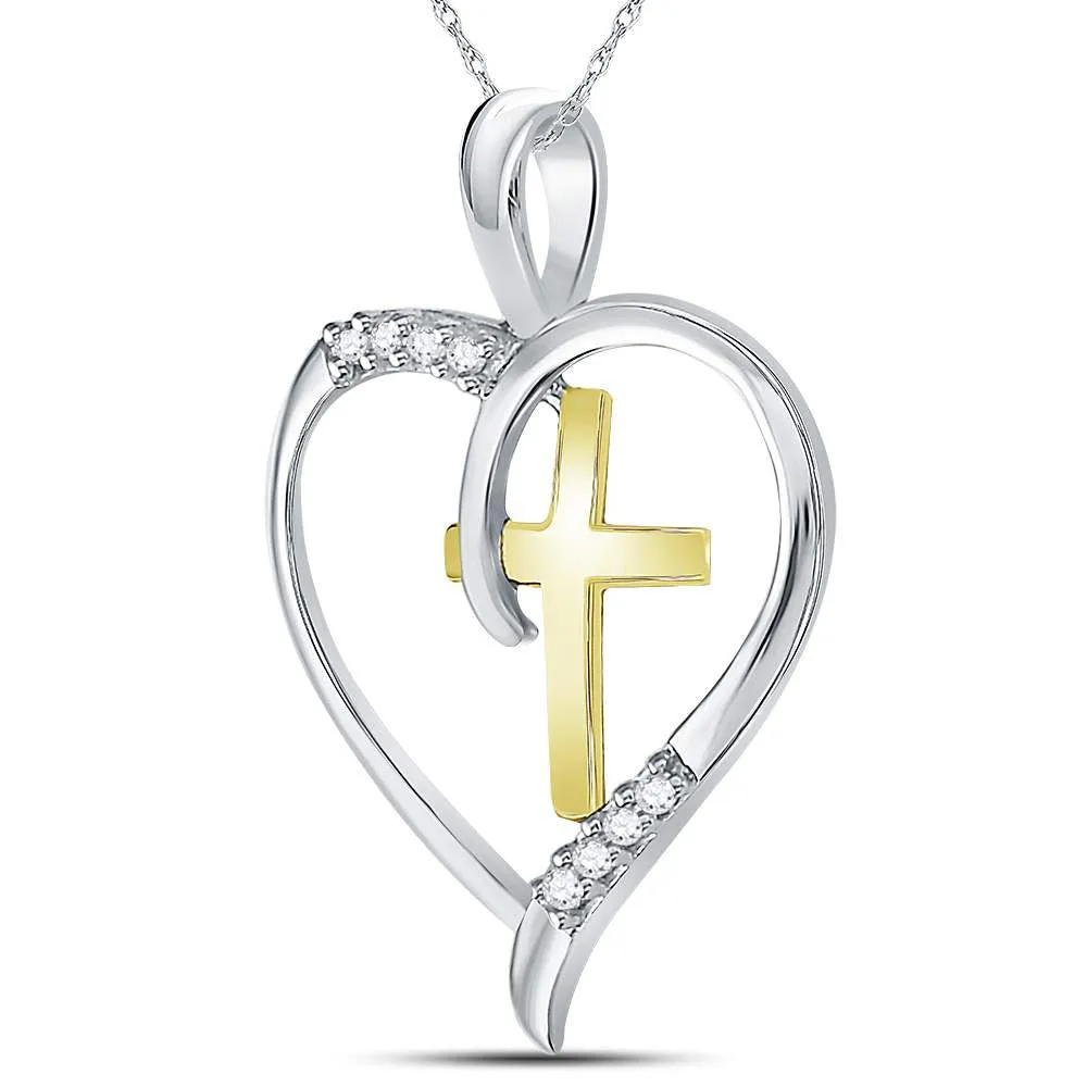Sterling Silver Womens Round Diamond Heart & Cross Two-tone Pendant 1/20 Cttw