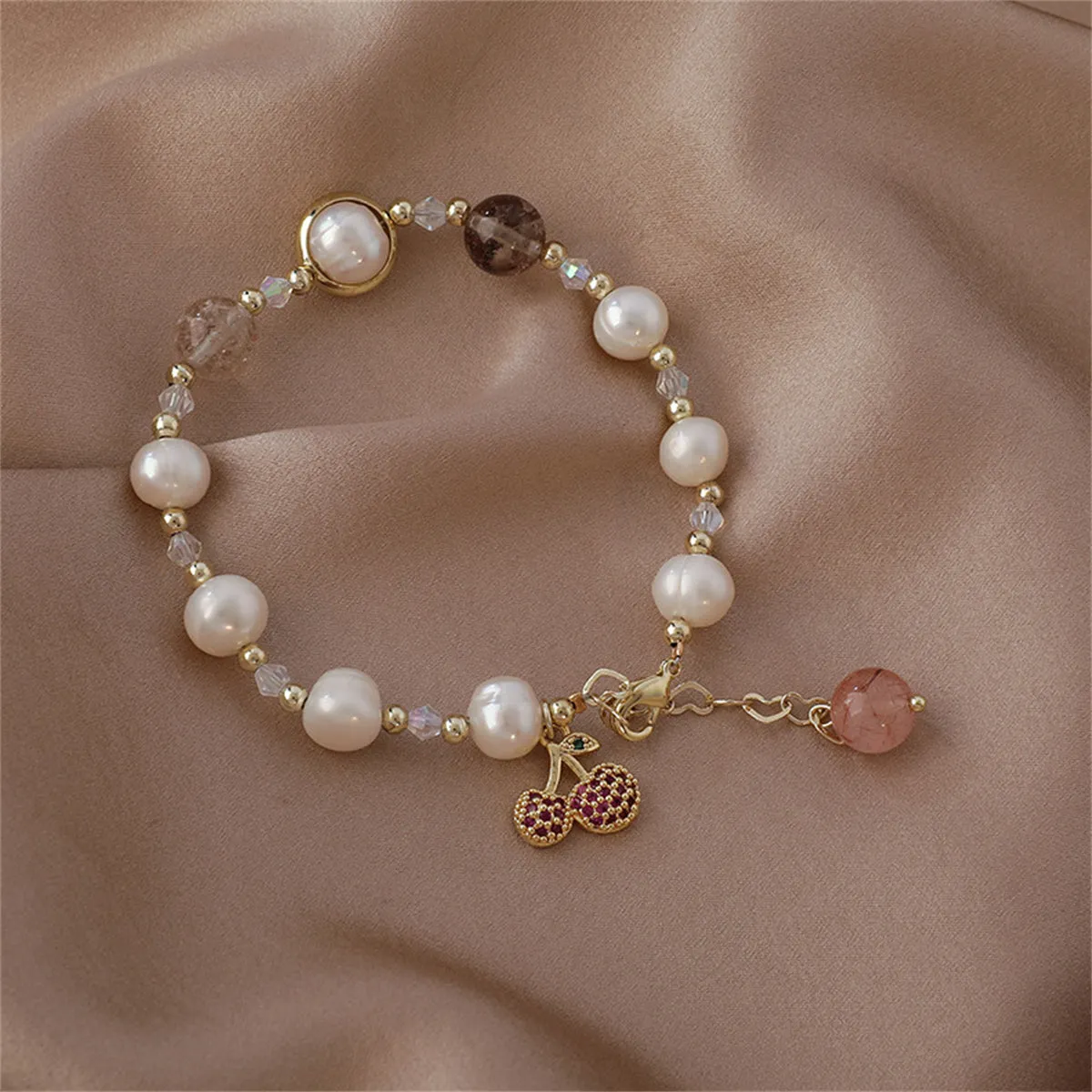 Strawberry Crystal & Pearl 18K Gold-Plated Cherry Charm Bracelet