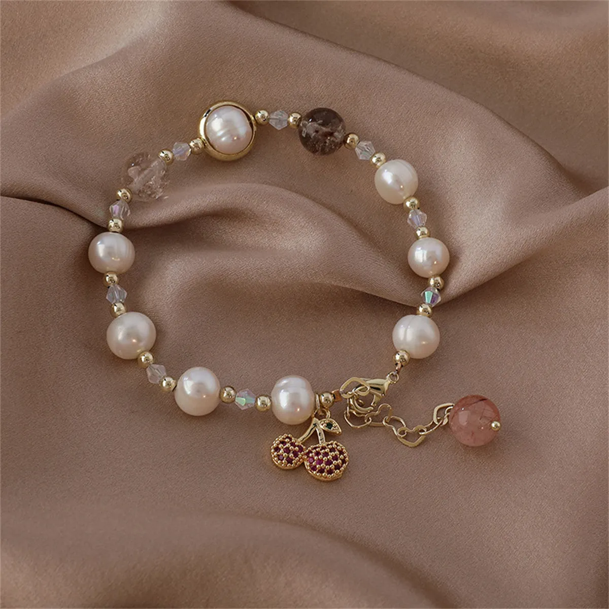 Strawberry Crystal & Pearl 18K Gold-Plated Cherry Charm Bracelet