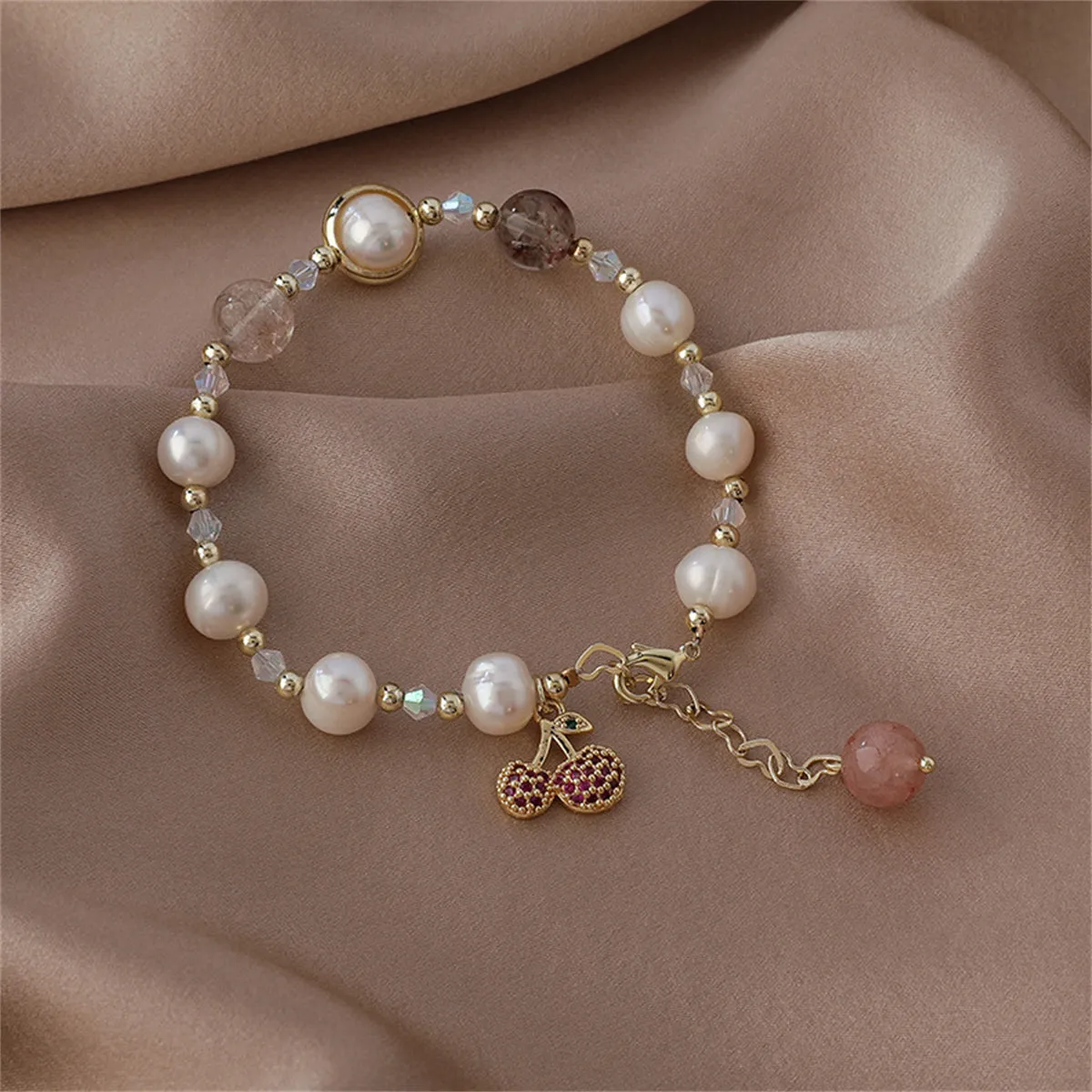 Strawberry Crystal & Pearl 18K Gold-Plated Cherry Charm Bracelet