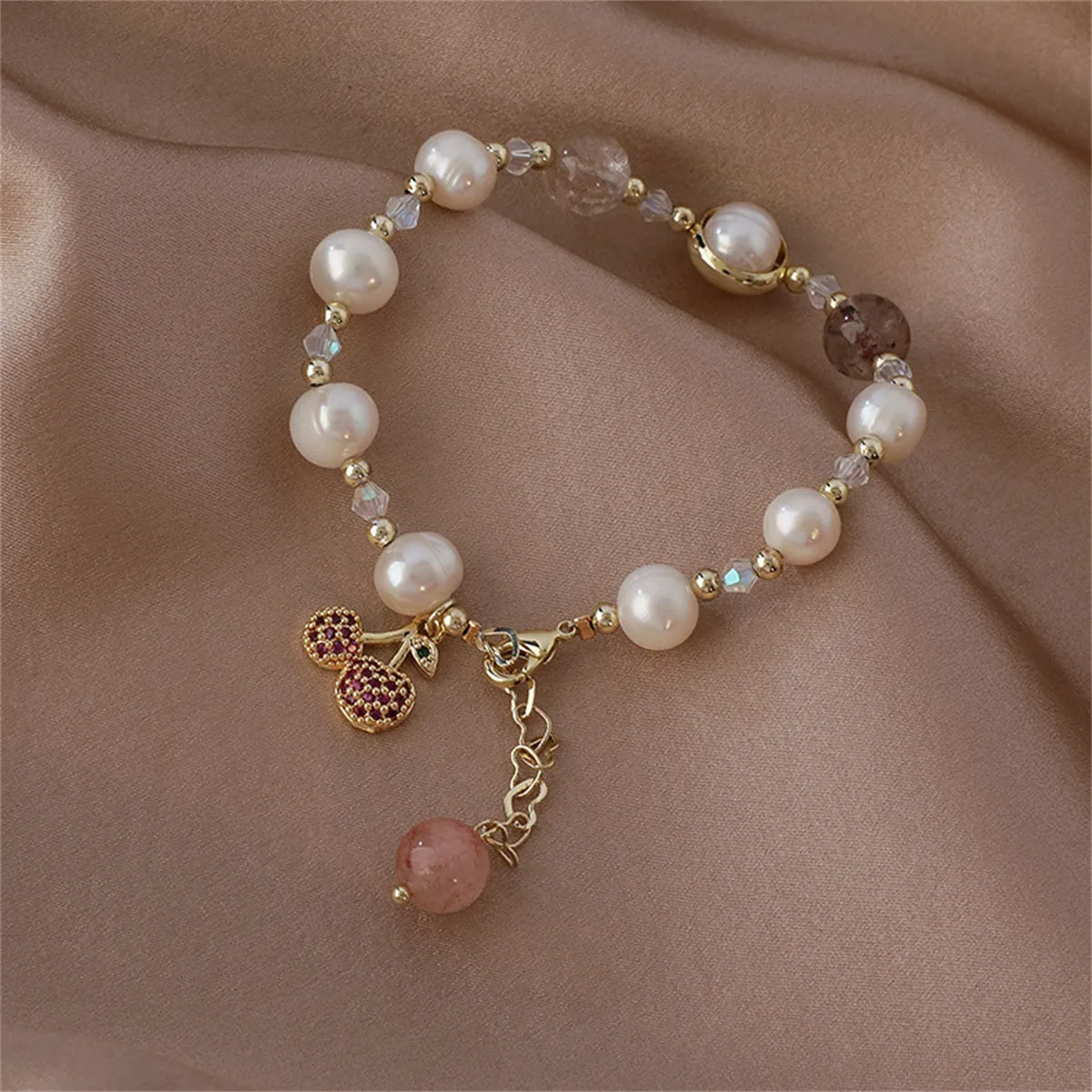 Strawberry Crystal & Pearl 18K Gold-Plated Cherry Charm Bracelet