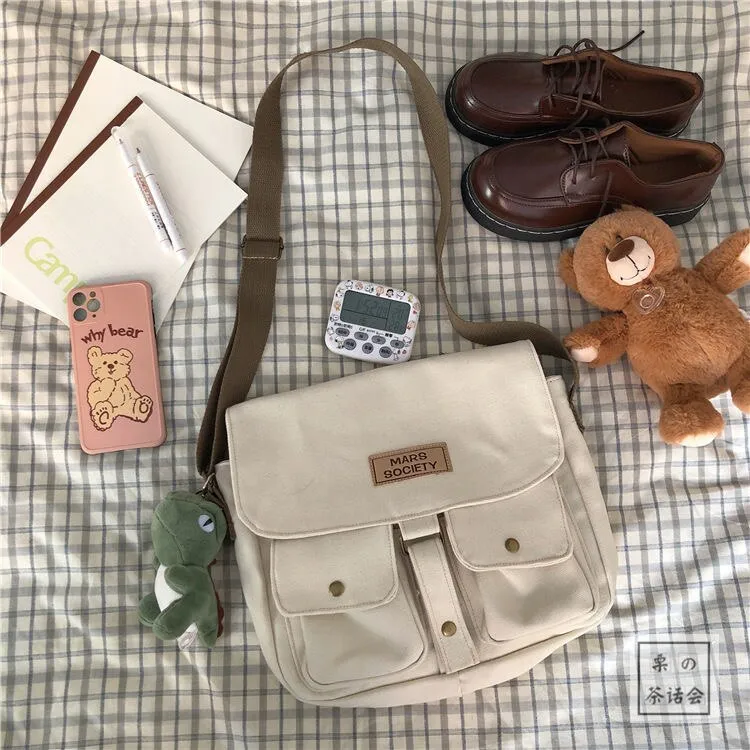 themeisles New Japanese High School Girls Canvas Bag Simple Large Capacity Crossbody Bags Women Multi-pockets Shoulder Bag Satchels Bolsos