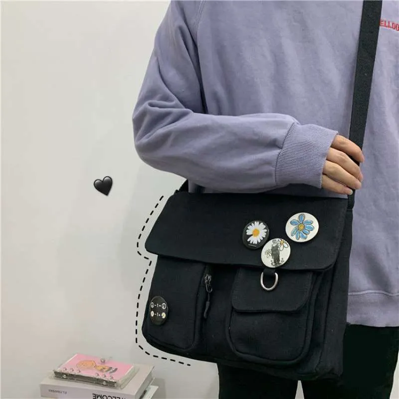 themeisles New Japanese High School Girls Canvas Bag Simple Large Capacity Crossbody Bags Women Multi-pockets Shoulder Bag Satchels Bolsos