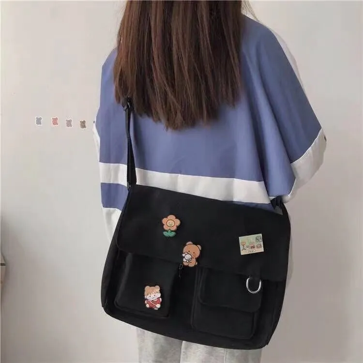 themeisles New Japanese High School Girls Canvas Bag Simple Large Capacity Crossbody Bags Women Multi-pockets Shoulder Bag Satchels Bolsos