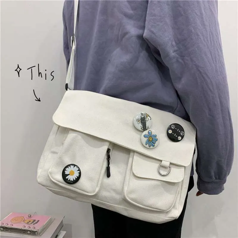 themeisles New Japanese High School Girls Canvas Bag Simple Large Capacity Crossbody Bags Women Multi-pockets Shoulder Bag Satchels Bolsos