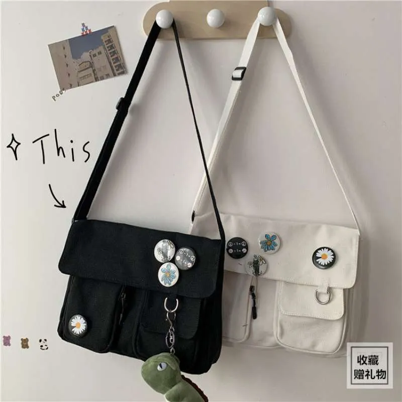 themeisles New Japanese High School Girls Canvas Bag Simple Large Capacity Crossbody Bags Women Multi-pockets Shoulder Bag Satchels Bolsos