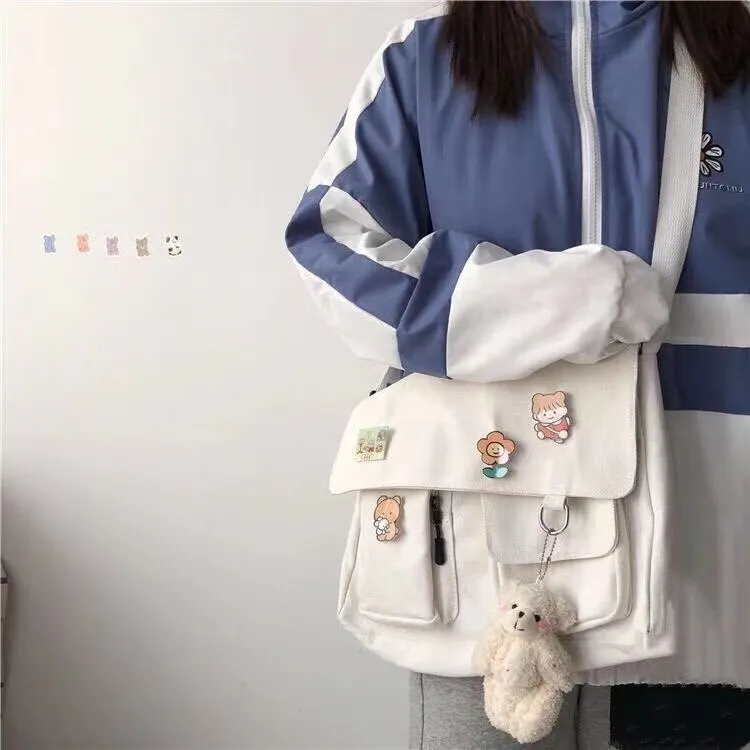themeisles New Japanese High School Girls Canvas Bag Simple Large Capacity Crossbody Bags Women Multi-pockets Shoulder Bag Satchels Bolsos