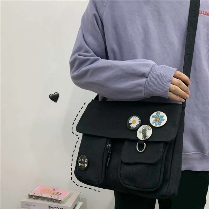 themeisles New Japanese High School Girls Canvas Bag Simple Large Capacity Crossbody Bags Women Multi-pockets Shoulder Bag Satchels Bolsos