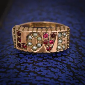Victorian Ruby & Pearl LOVE Ring