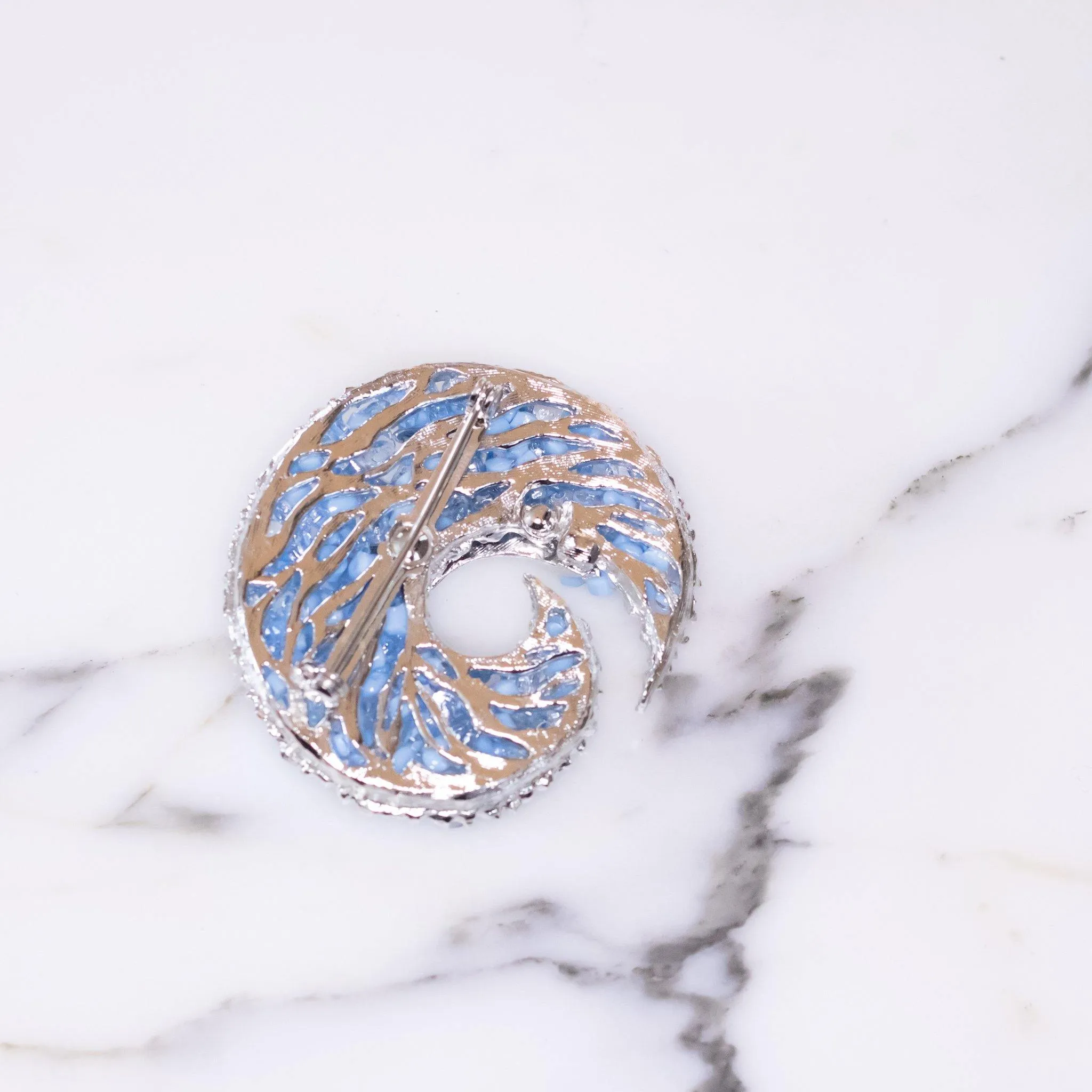 Vintage 1950s Silver Swirl with Baby Blue Seed Beads Brooch