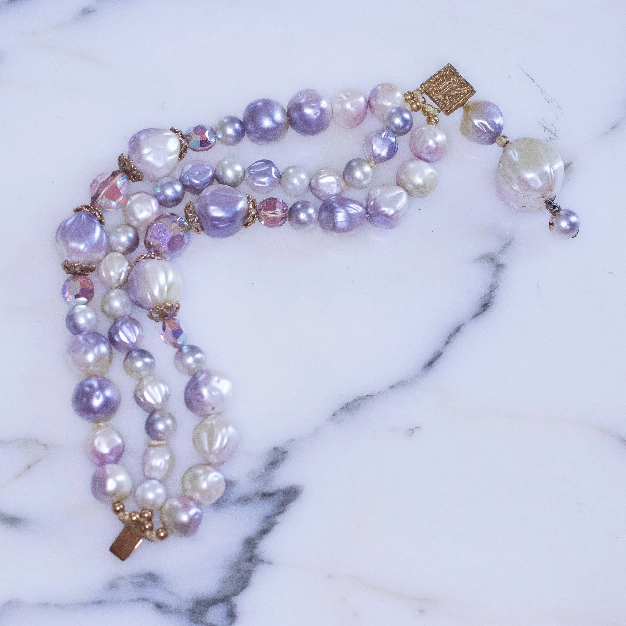 Vintage Amethyst Faux Pearl and Crystal Bead Triple Strand  Bracelet