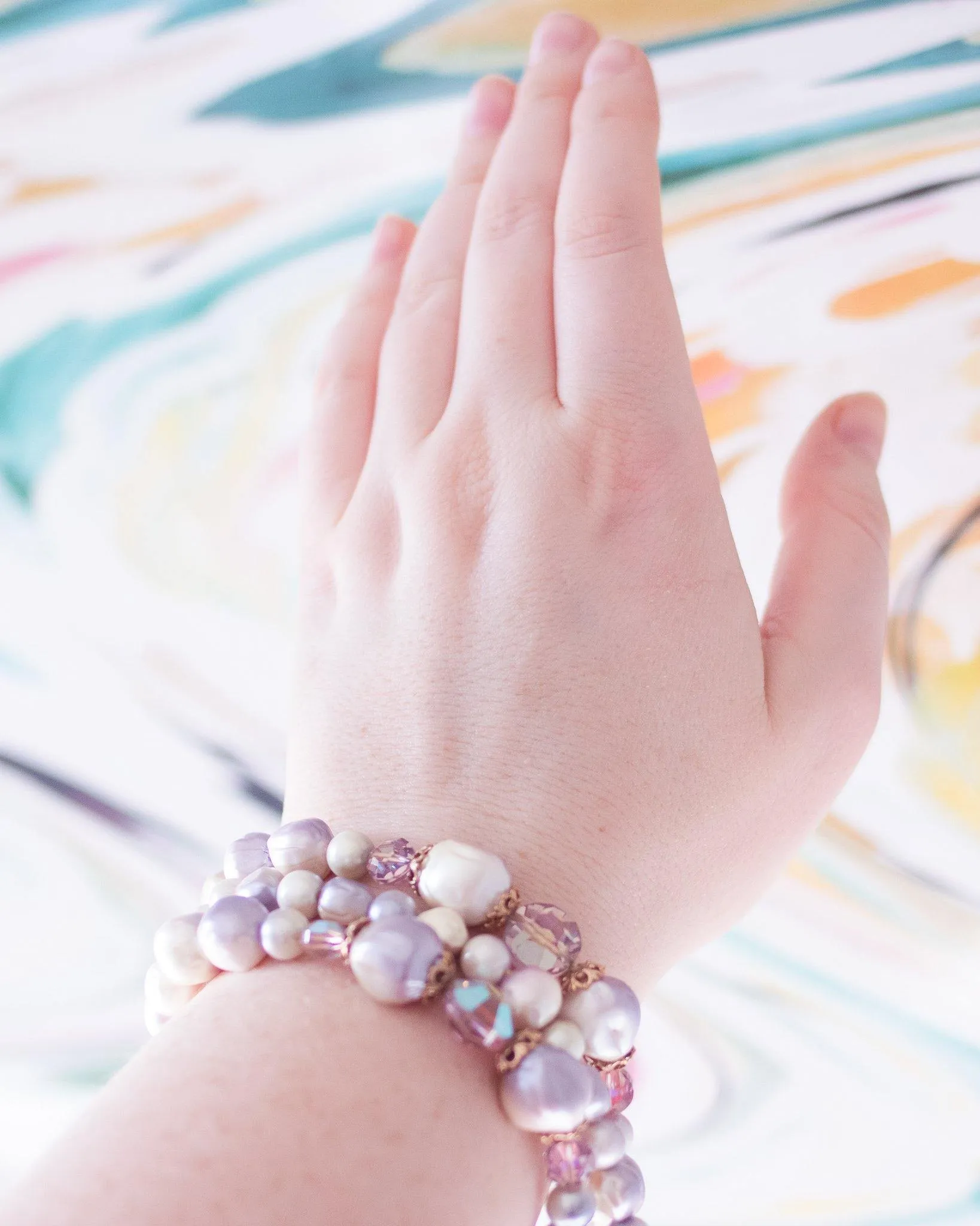 Vintage Amethyst Faux Pearl and Crystal Bead Triple Strand  Bracelet