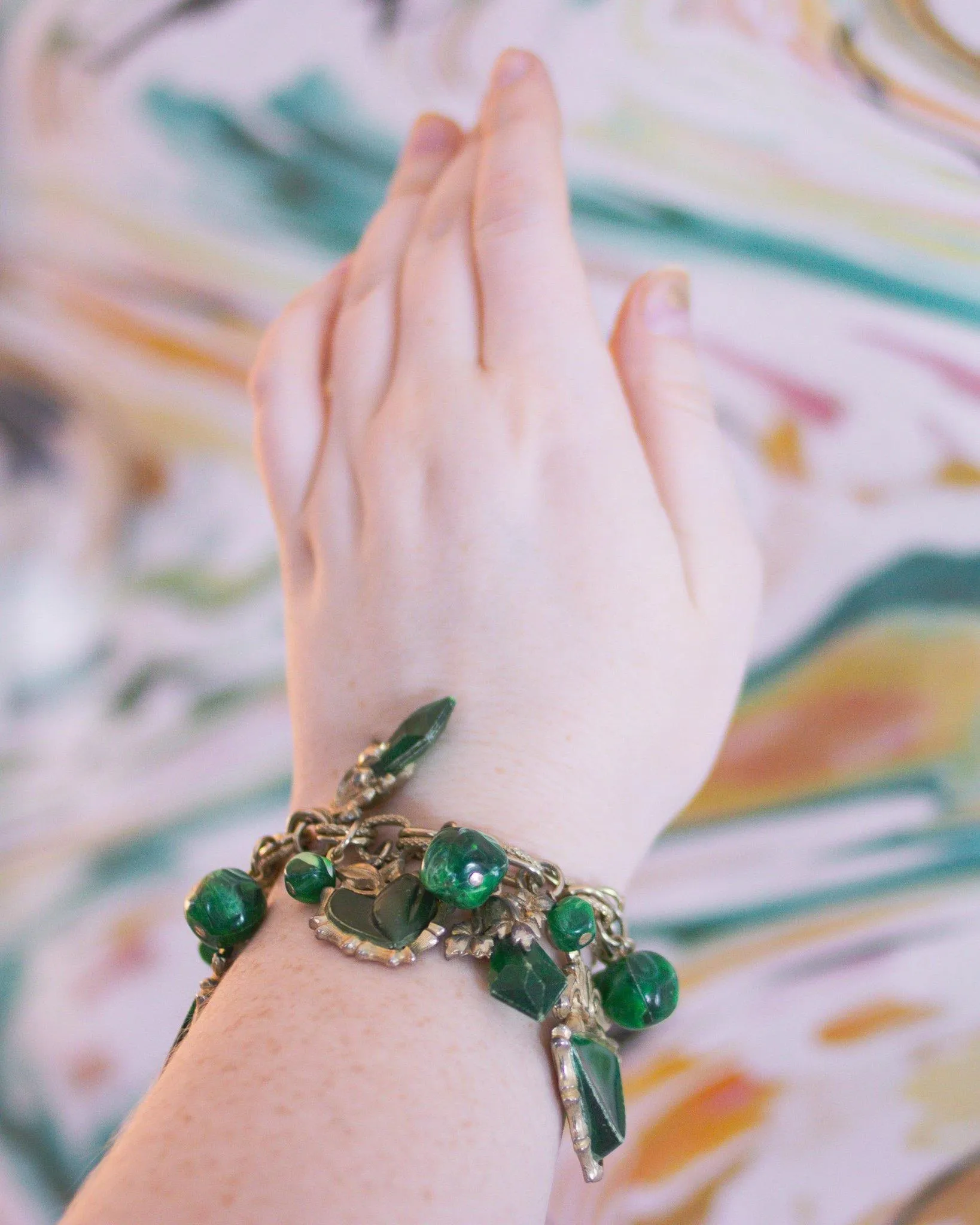 Vintage Chunky Green Lucite Charm Bracelet
