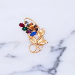 Vintage Colorful Rhinestone Gold Leaf Brooch