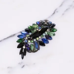 Vintage Jet Heamtite Sapphire Blue and Green Rhinestone Brooch