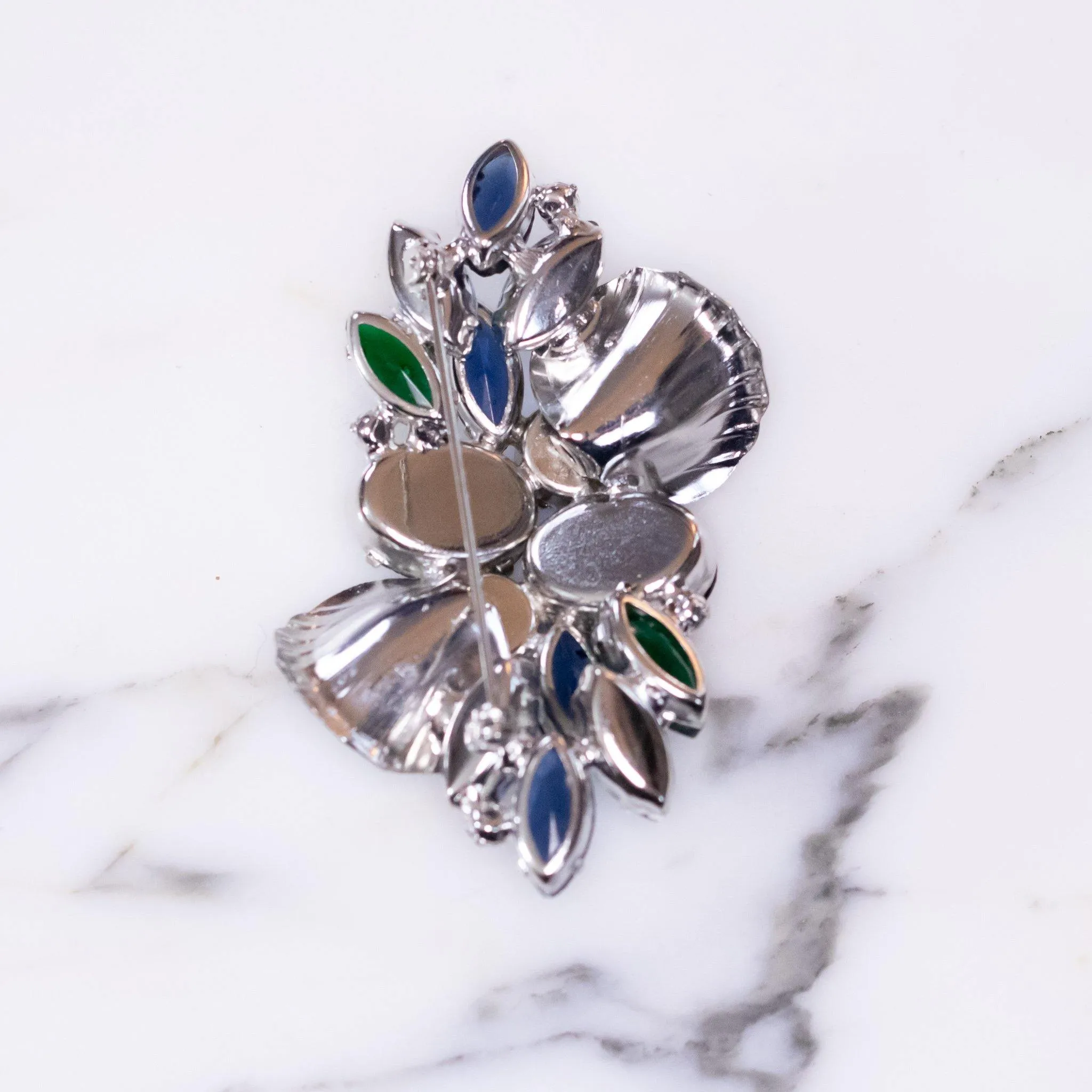 Vintage Juliana Brooch with Blue, Citrine, and Emerald Green Rhinestones set in Silver Tone