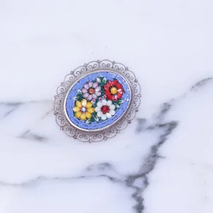 Vintage Made in Italy Colorful Mosaic Flower Brooch with Scalloped Silver Filigree Frame