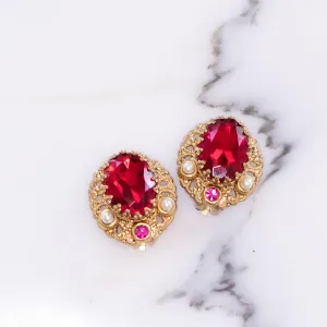 Vintage West Germany Red Crystal Earrings with Pink Rhinestones and Pearls