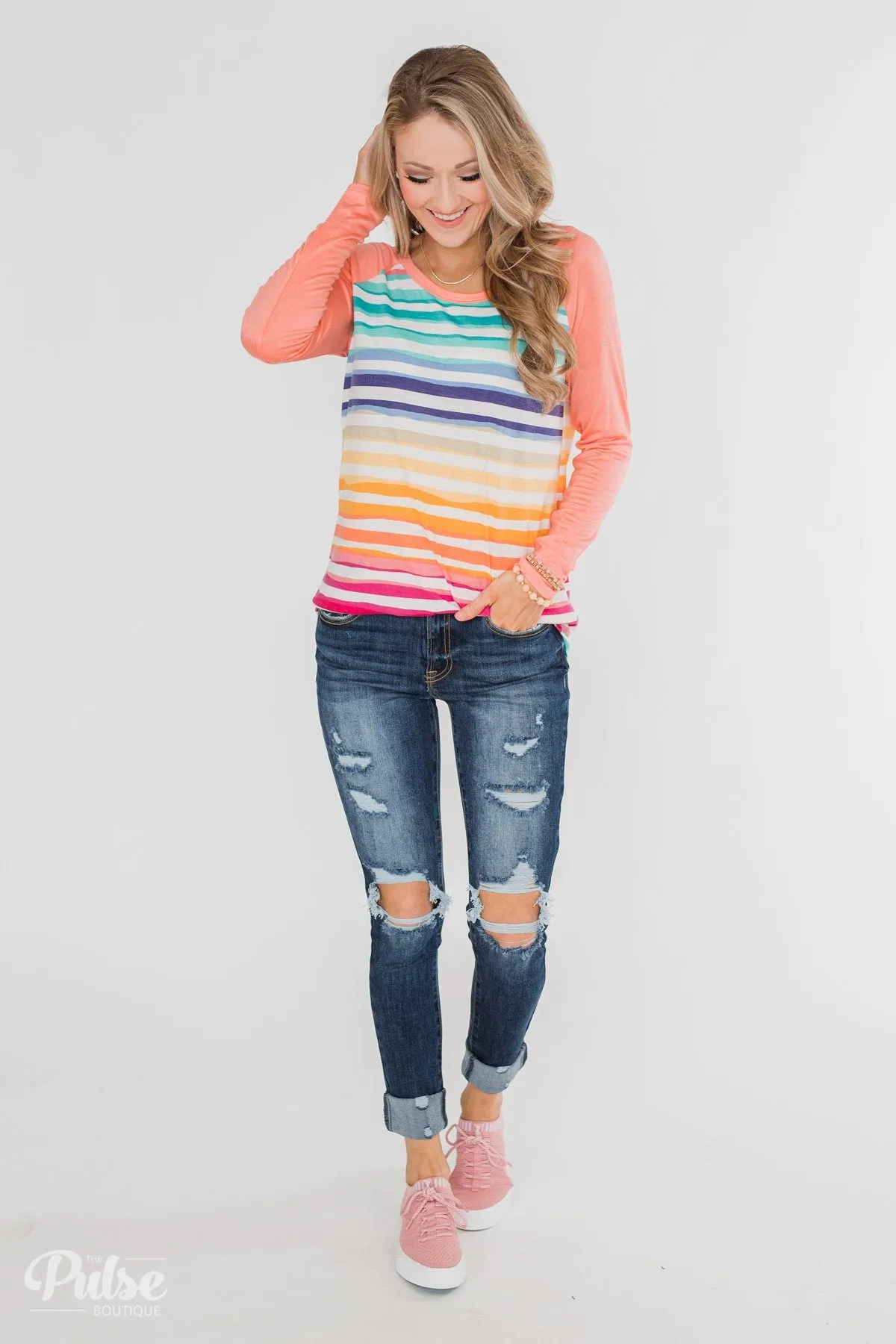Waves of Color Striped Color Block Top- Peach
