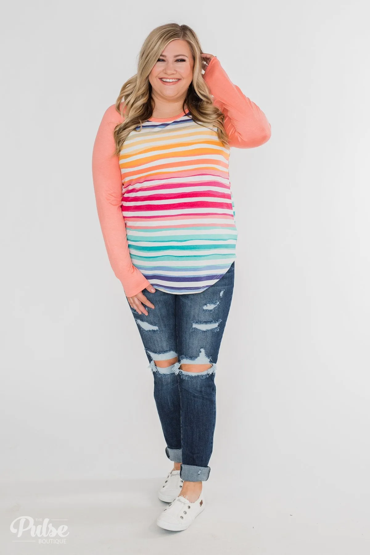 Waves of Color Striped Color Block Top- Peach