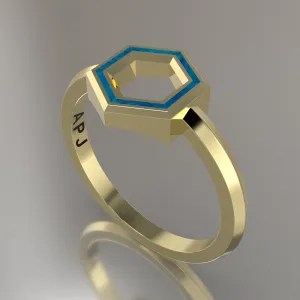 Yellow Gold Geometric Hexagon Ring, Blue Swirl Resin Solid 14kt Yellow Gold Petite Design
