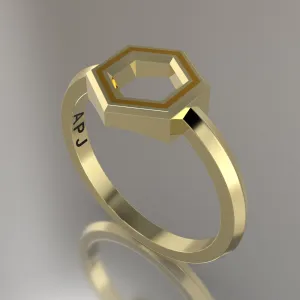 Yellow Gold Geometric Hexagon Ring, Yellow Resin Solid 14kt Yellow Gold Petite Design