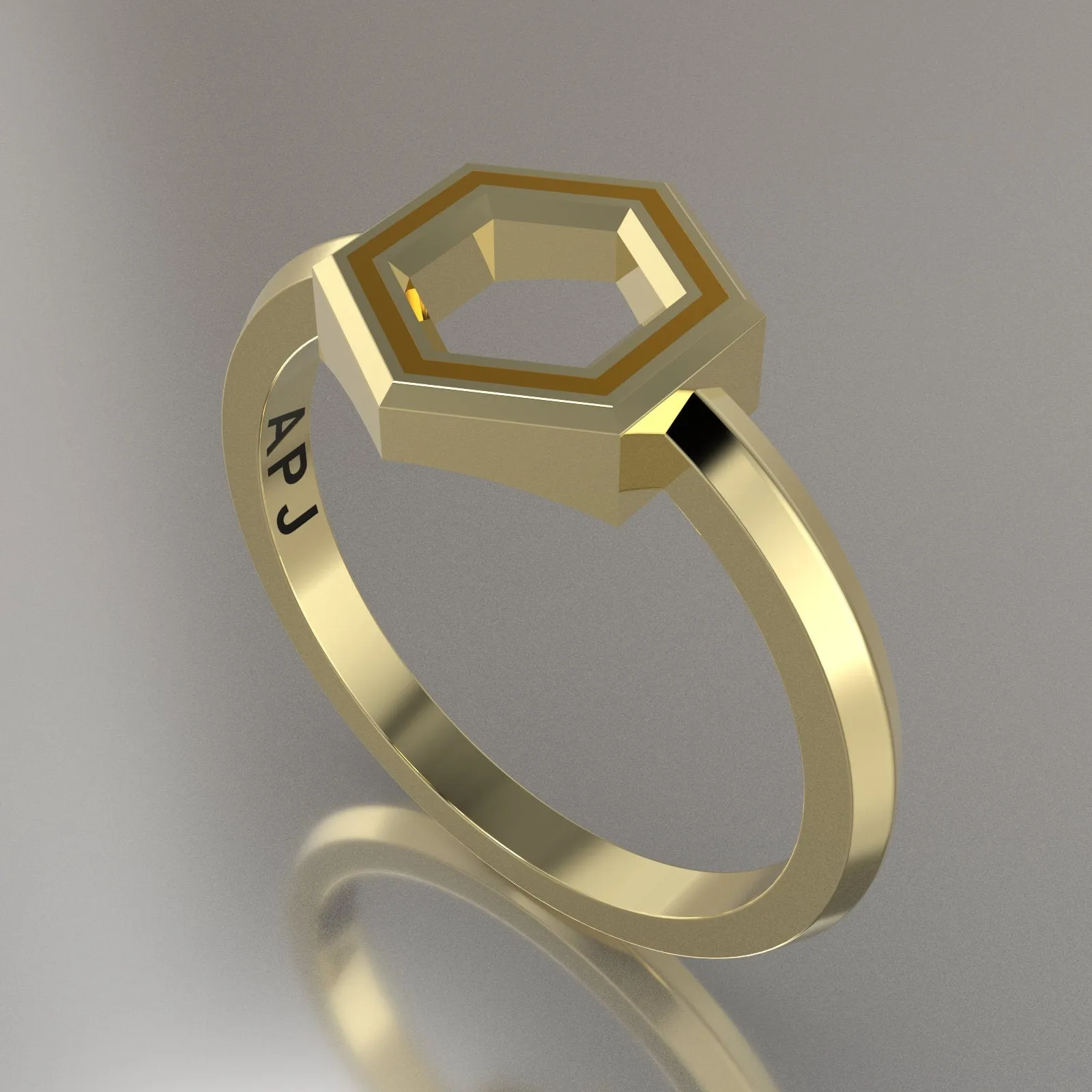 Yellow Gold Geometric Hexagon Ring, Yellow Resin Solid 14kt Yellow Gold Petite Design