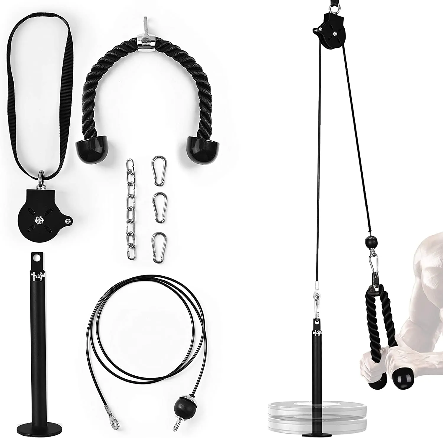 Yes4All Weight Plate Loading Pin 1 inch and 2 inch, Fitness LAT Cable Pulley System Gym, Heavy Duty Gym Equipment For Home with Tricep Rope Cable Attachment