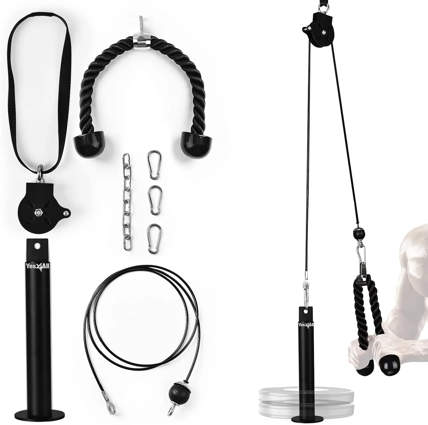 Yes4All Weight Plate Loading Pin 1 inch and 2 inch, Fitness LAT Cable Pulley System Gym, Heavy Duty Gym Equipment For Home with Tricep Rope Cable Attachment