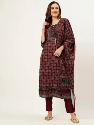 ZOLA Round Neck Linen All Over Geometric Print Maroon Straight Kurta Set With Dupatta For Women