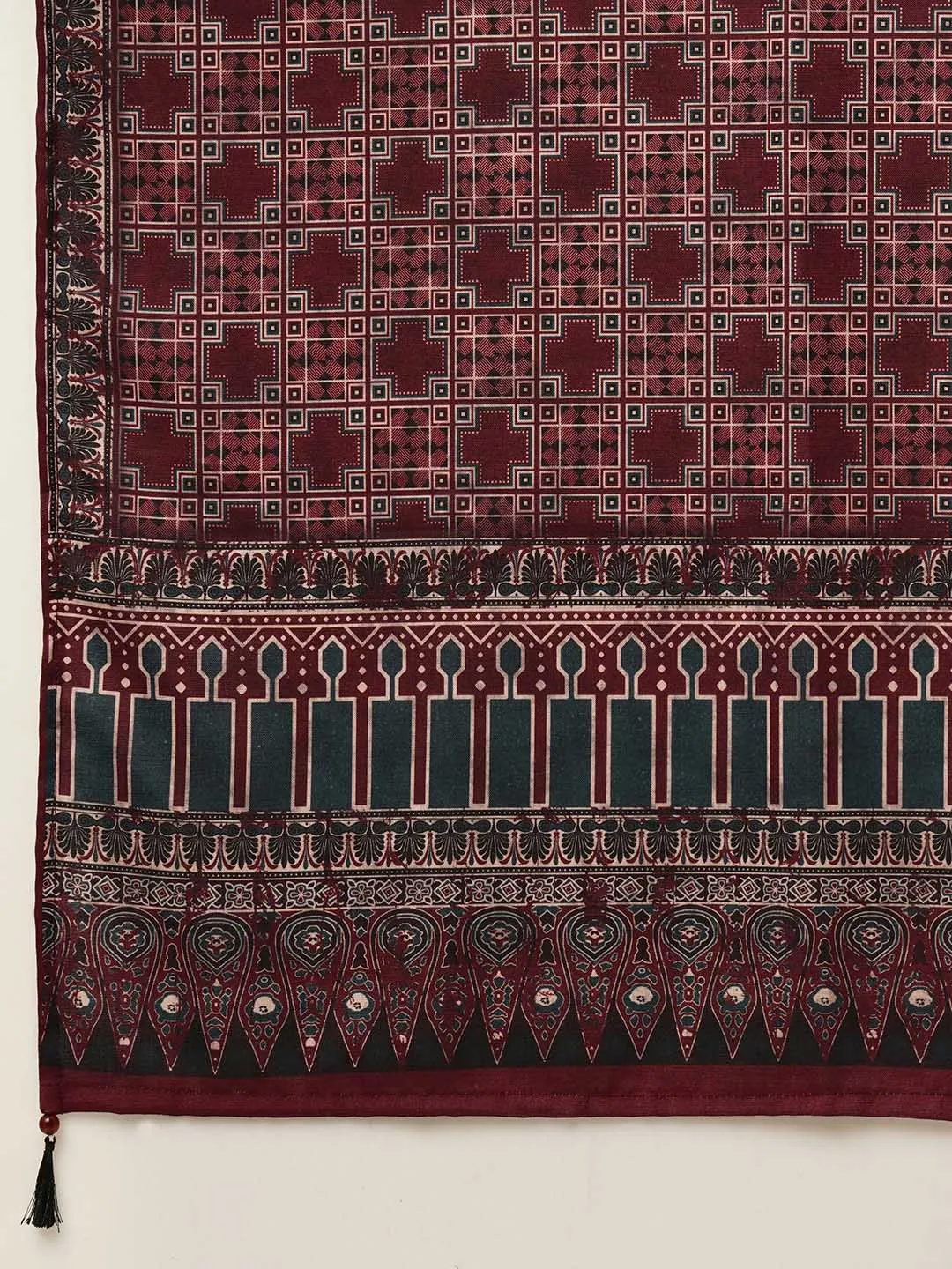 ZOLA Round Neck Linen All Over Geometric Print Maroon Straight Kurta Set With Dupatta For Women