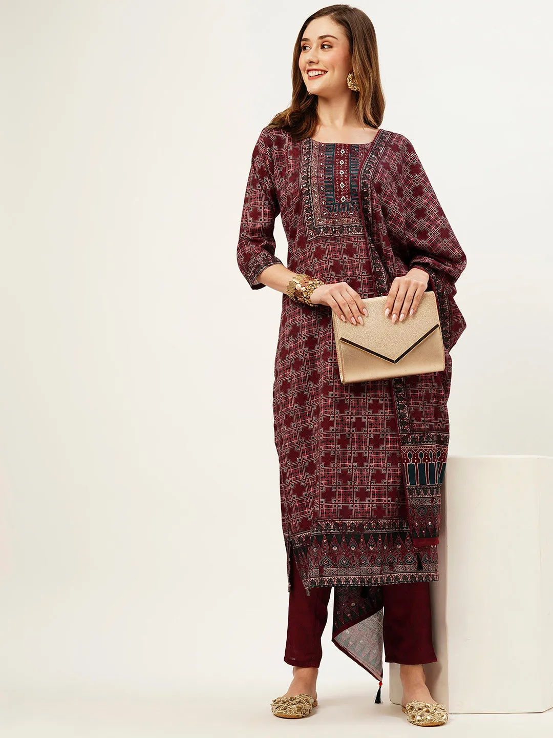 ZOLA Round Neck Linen All Over Geometric Print Maroon Straight Kurta Set With Dupatta For Women