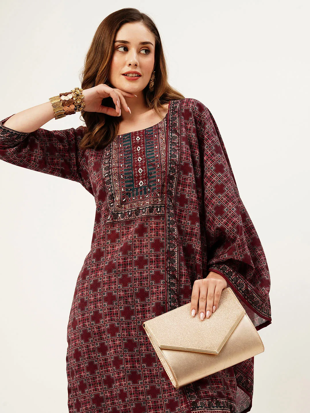 ZOLA Round Neck Linen All Over Geometric Print Maroon Straight Kurta Set With Dupatta For Women